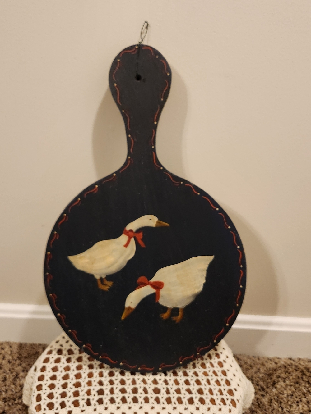 Hand-painted Folk Art Wooden Paddle Wall Hanging Geese w/ Red Bows